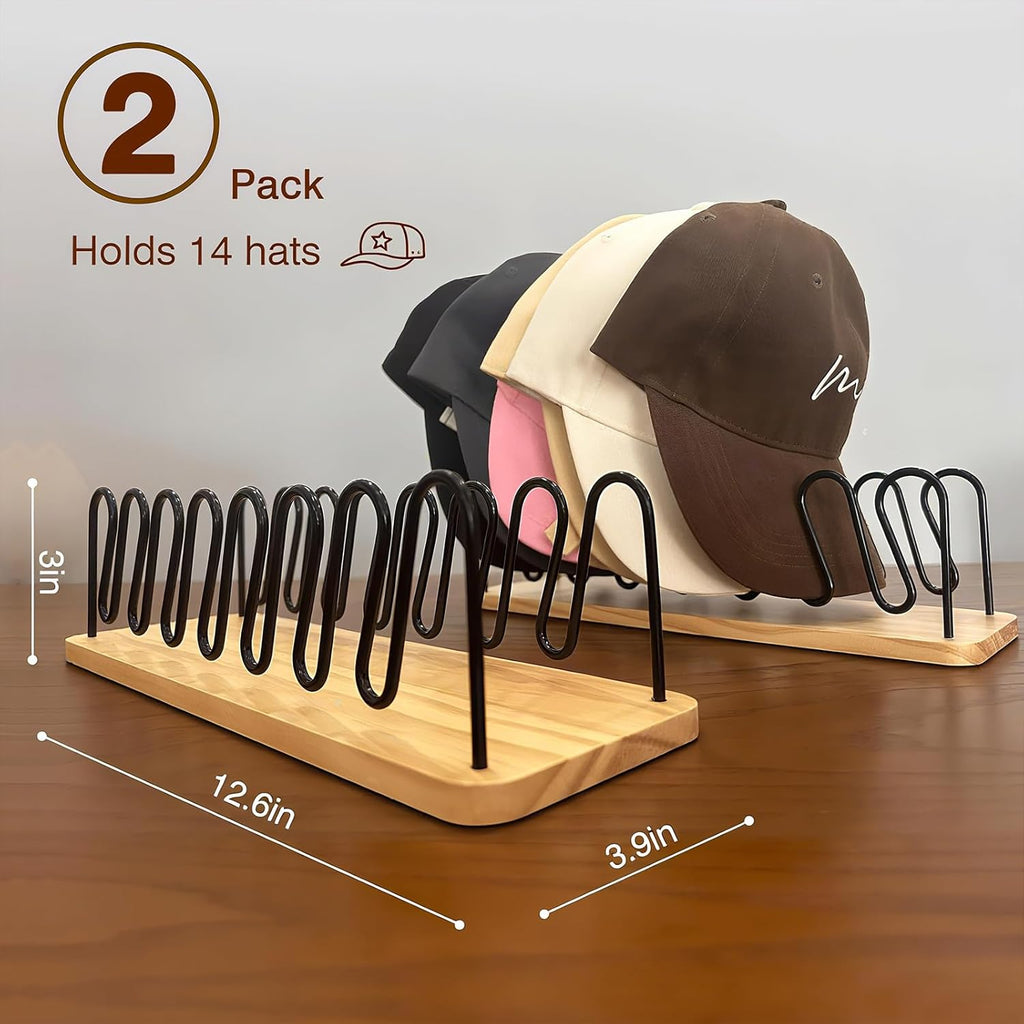 UdoUto Hat Organizer - Space-Saving Wood & Metal Rack Holds 14 Baseball Caps | 2-Pack for Closet & Entryway