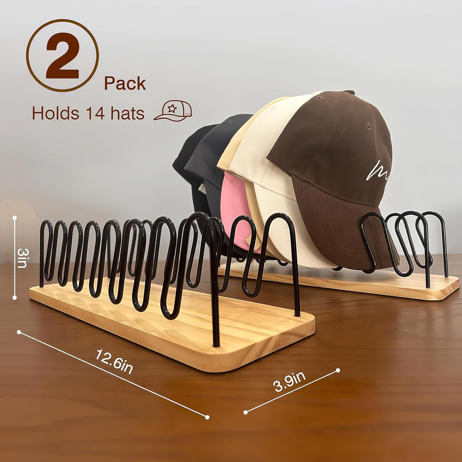 UdoUto Hat Organizer - Space-Saving Wood & Metal Rack Holds 14 Baseball Caps | 2-Pack for Closet & Entryway