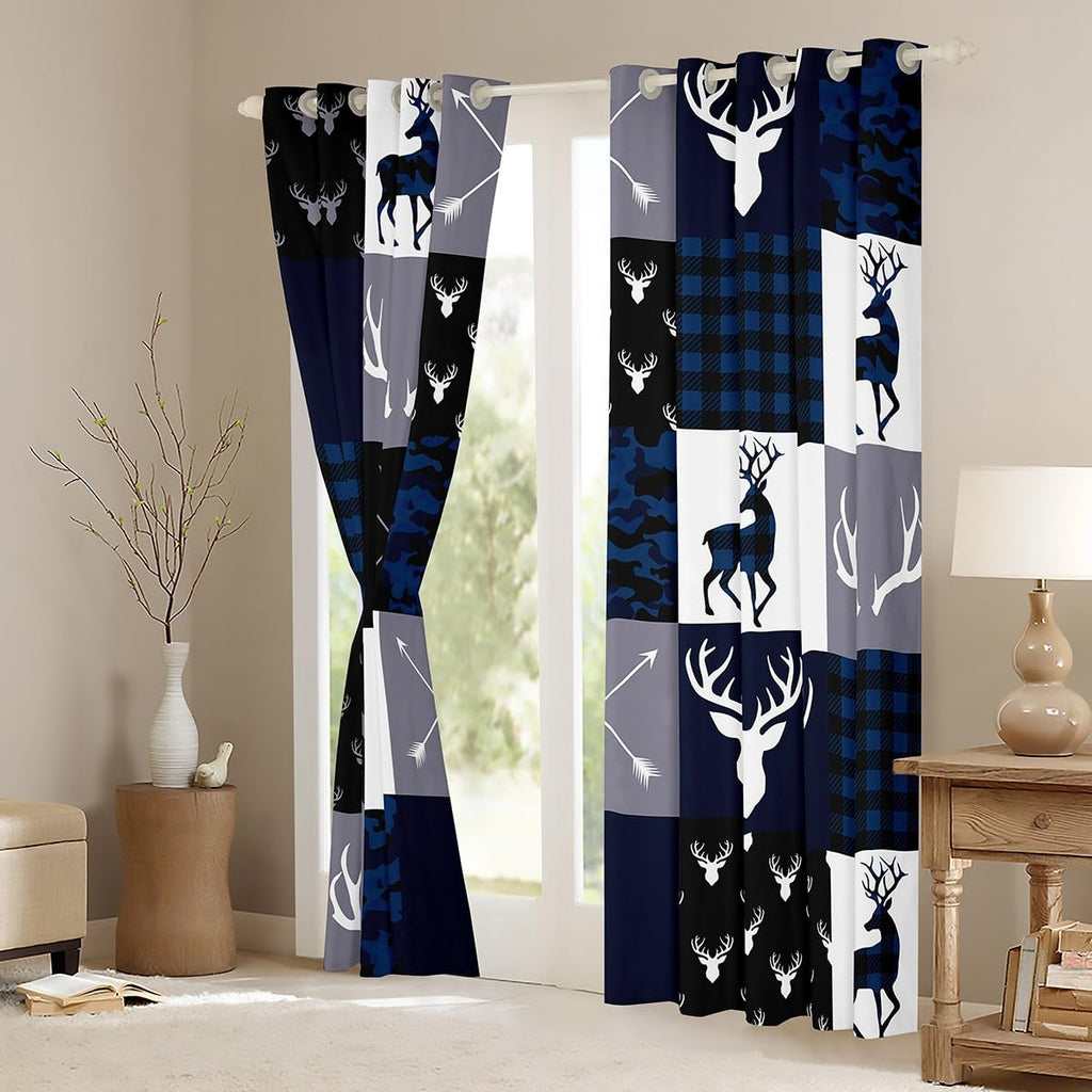 Camo Deer Antlers Blackout Curtains,Geometric Plaid Patchwork Window Drapes for Kids Teens Girls Boys,Boho Arrow Xmas Blue Grey Window Treatments Grommet Top 2 Panel Set Bedroom Curtains,42Wx63L inch