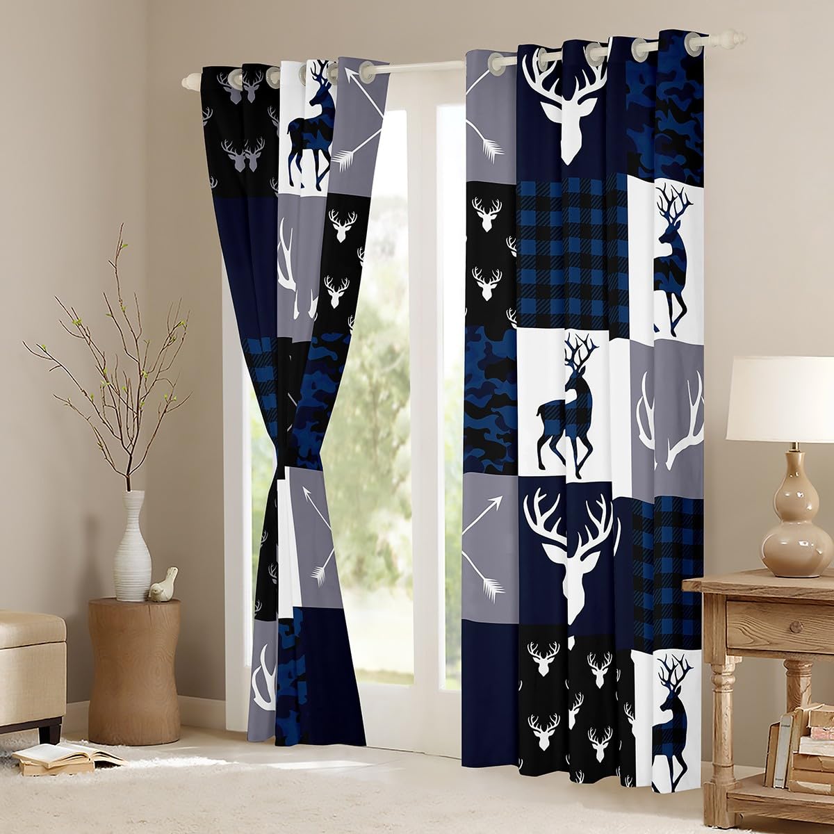 Camo Deer Antlers Blackout Curtains,Geometric Plaid Patchwork Window Drapes for Kids Teens Girls Boys,Boho Arrow Xmas Blue Grey Window Treatments Grommet Top 2 Panel Set Bedroom Curtains,42Wx63L inch