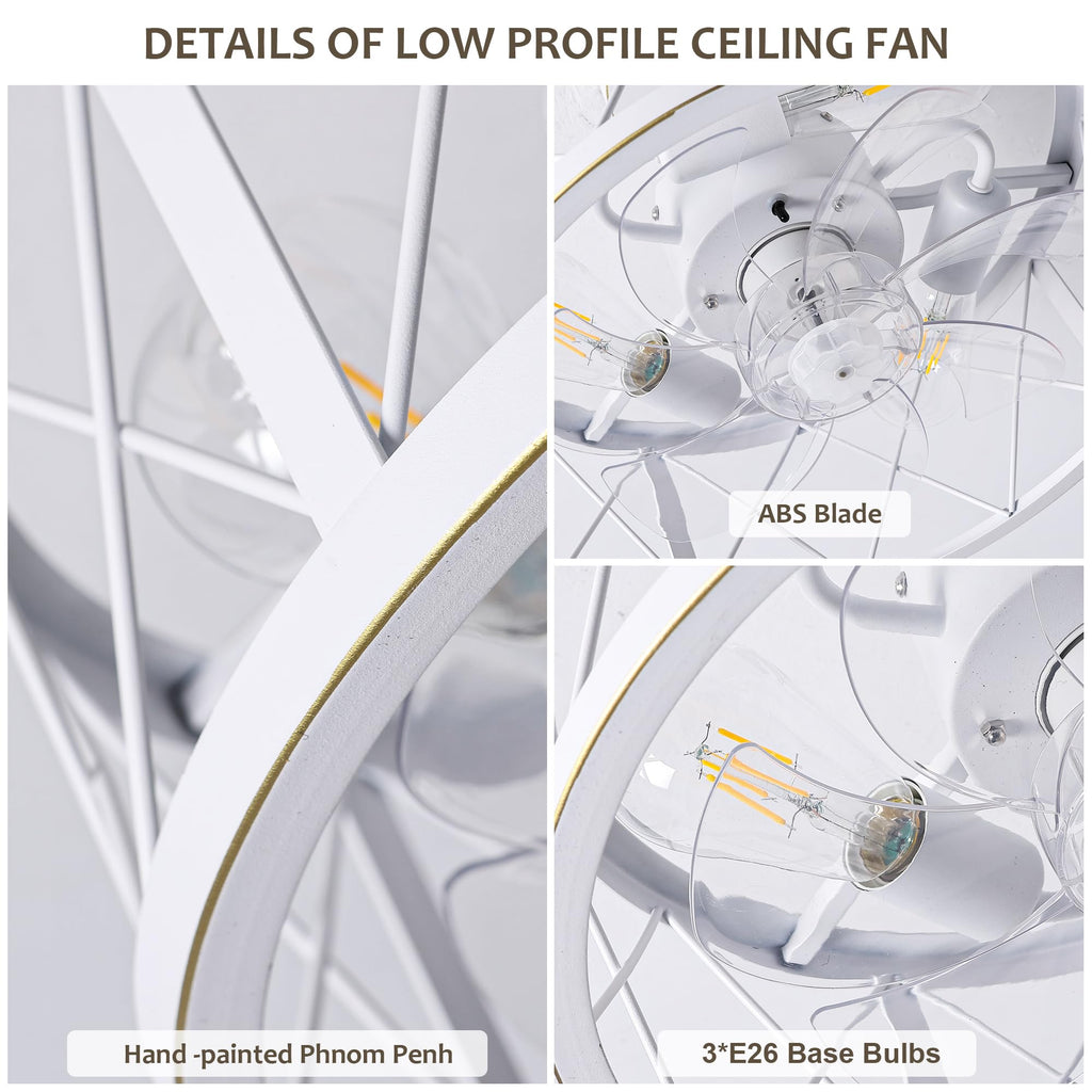 REDSTAR 15" Caged Ceiling Fans with Lights and Remote Flush Mount, White Round Industrial Ceiling Fan Light Fixture, Small Bladeless Ceiling Fan for Bedroom, Kitchen, Indoor