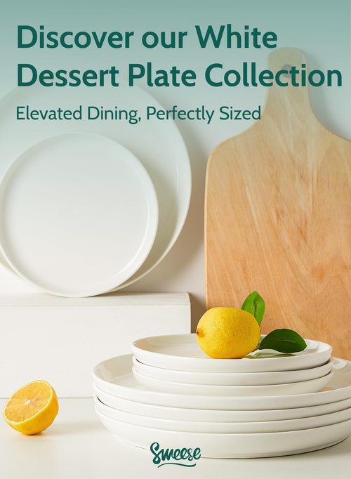 Sweese 10 Inch Porcelain Dinner Plates, White, Set of 6 - Microwave, Oven, Dishwasher Safe, Scratch-Resistant