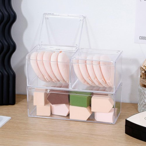 GOXITAX 2 Pack Qtip Holder Dispenser with Lid , Plastic Bathroom Vanity Canister for Counter, Drawer and Cabinet Use, Cotton Balls, Makeup Pads, Floss Picks, Clear Desk Container