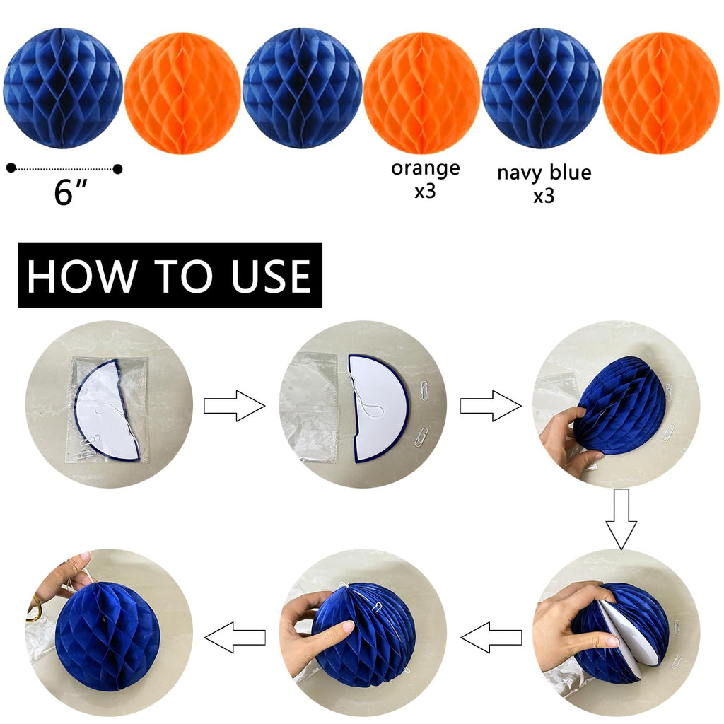 WODEMAYAA Blue & Orange Birthday Party Decorations - Happy Birthday Banner, Honeycomb Balls, Swirls, Circle Dot Garland, Triangle Flags Bunting