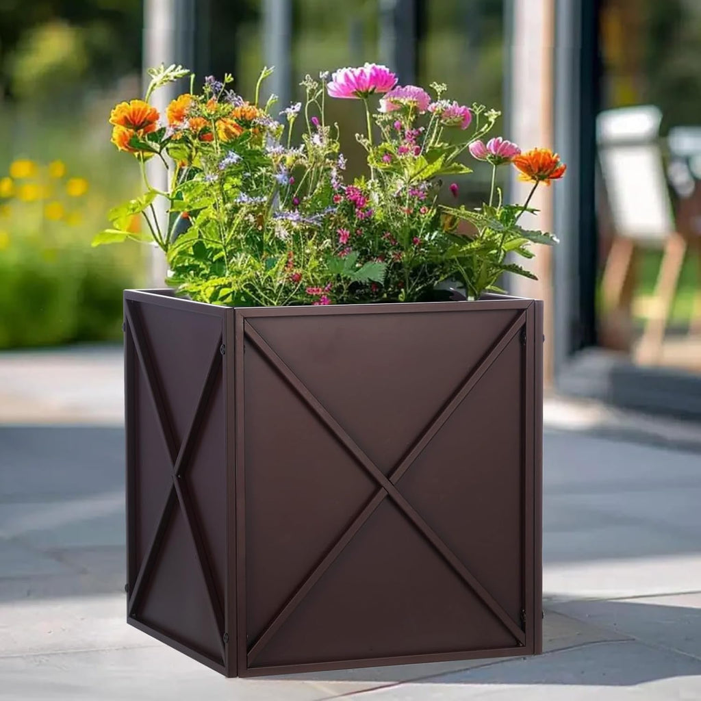 SUNNYPARK Large Metal Planter Box - 17”x17”x18” | Heavy-Duty Modern Brown Design with Drainage Holes for Outdoor Gardens