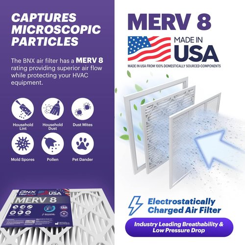 BNX TruFilter MERV 8 Air Filters | 20x20x1 Electrostatic Pleated (6-Pack) - Dust & Pet Defense, Made in USA