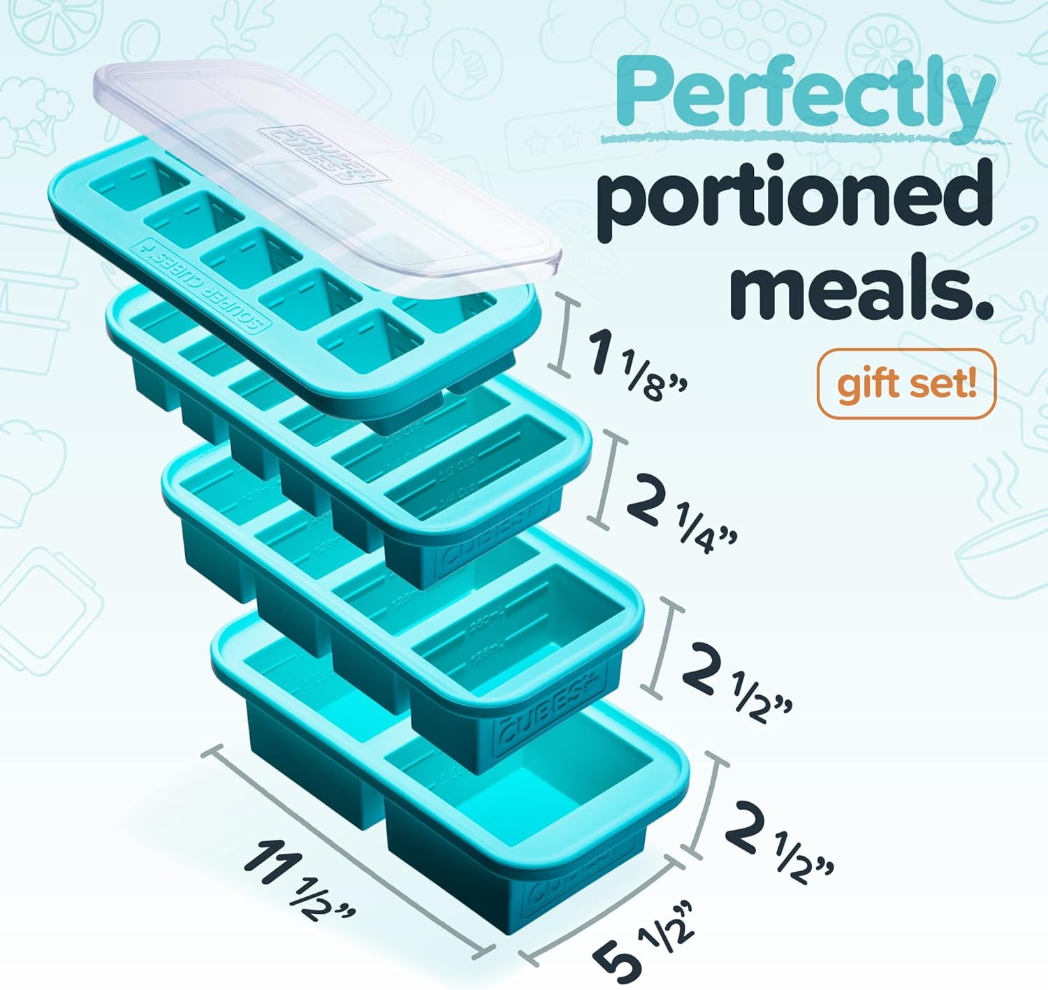 Souper Cubes Silicone Freezer Molds - Meal Prep Gift Set with 2 Tbsp, 1/2, 1, & 2 Cup Trays - Aqua