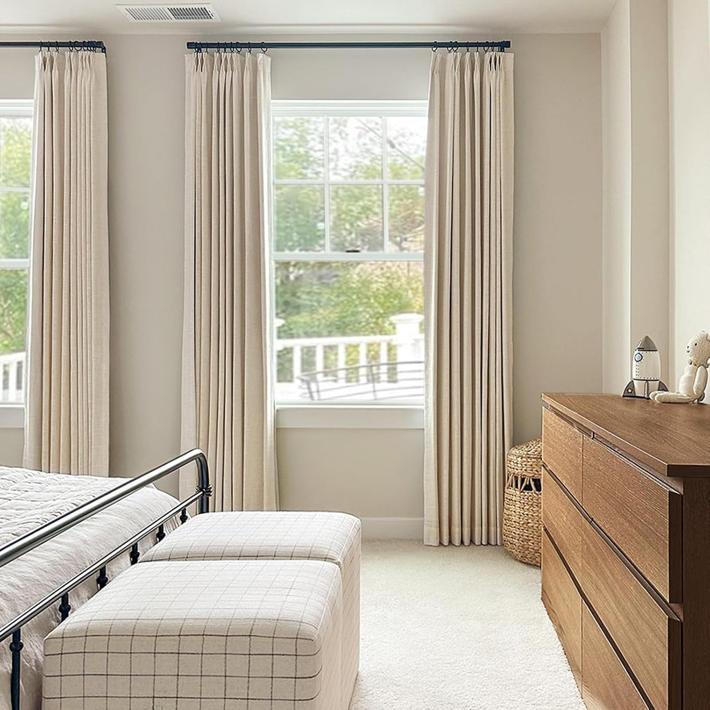 Skiennix 100% Blackout Linen Pinch Pleated Curtains - 96 Inch Long, Cream 2 Panel Set for Bedroom & Living Room