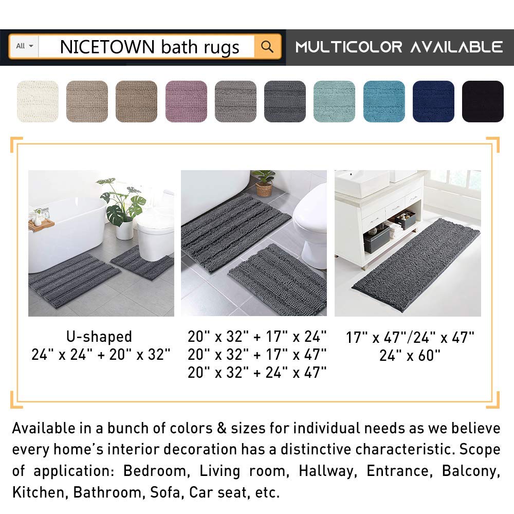 NICETOWN Bathroom Rugs, Ultra Thick and Soft Texture Chenille Plush Floor Mats Hand-Tufted Bath Rug with Non-Slip Backing, Microfiber Door Mat for Kitchen/Entryway (Navy Blue, Pack 2-20 x 32/17 x 24)