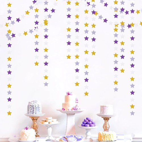 Hugtmr Star Garland - 62ft Purple Lavender & White Gold Party Decorations for Birthdays, Weddings & Showers