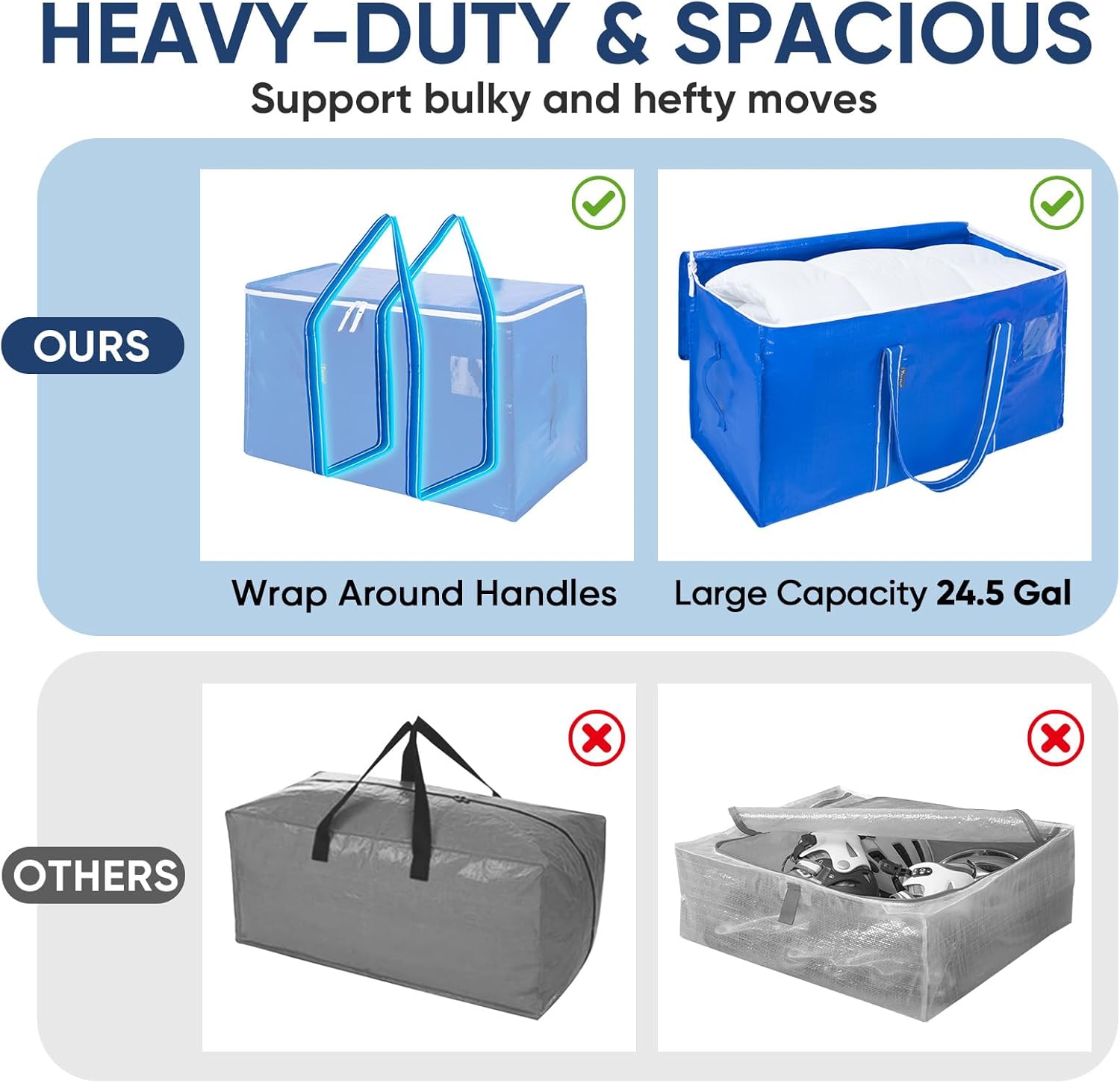 BALEINE Oversized Moving Bags - Heavy-Duty Storage Totes with Reinforced Handles | Royal Blue, 6-Pack