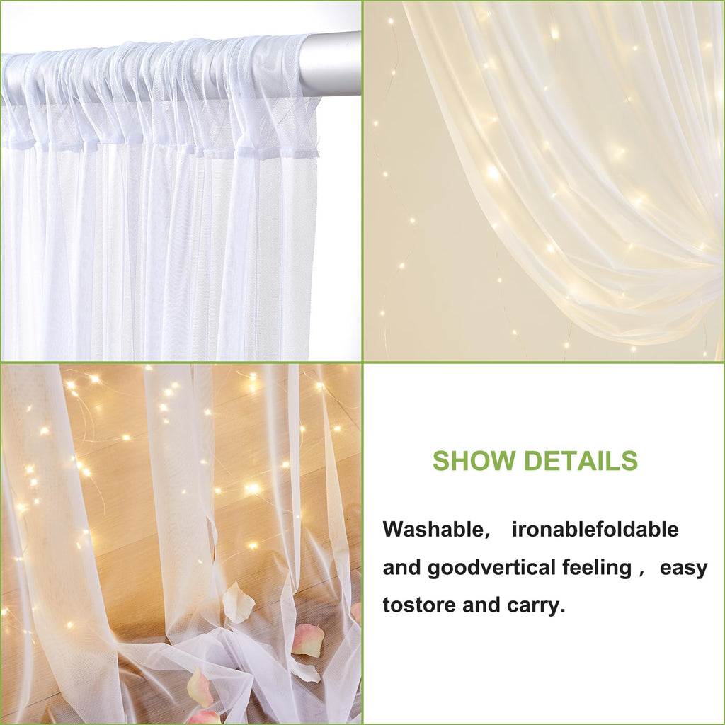 10FT x 7FT White Sheer Curtains with Lights String Tulle Curtain for Living Room Bedroom Parites Wedding Birthday Decorations 2 Panels 60" Wｘ84 L