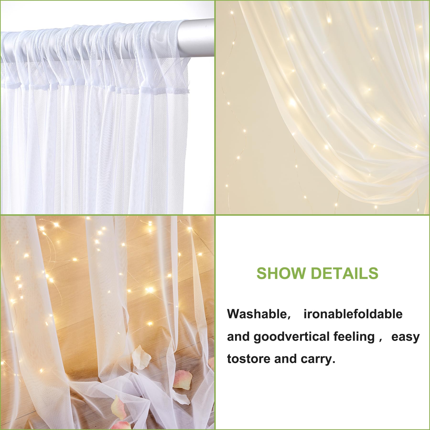 10FT x 7FT White Sheer Curtains with Lights String Tulle Curtain for Living Room Bedroom Parites Wedding Birthday Decorations 2 Panels 60" Wｘ84 L