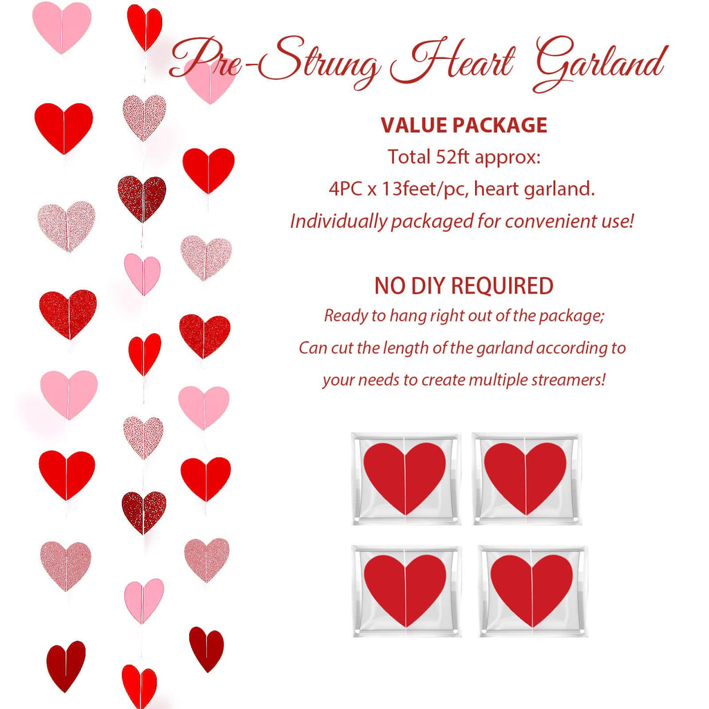 Heart Garland Banner Valentines Decorations- Valentines Galentines Day, Pink Rose Gold Burgundy Red Party Hanging Décor- 52ft Pre-Strung Paper Hearts Garland Streamers for Bridal Shower Party, NO DIY