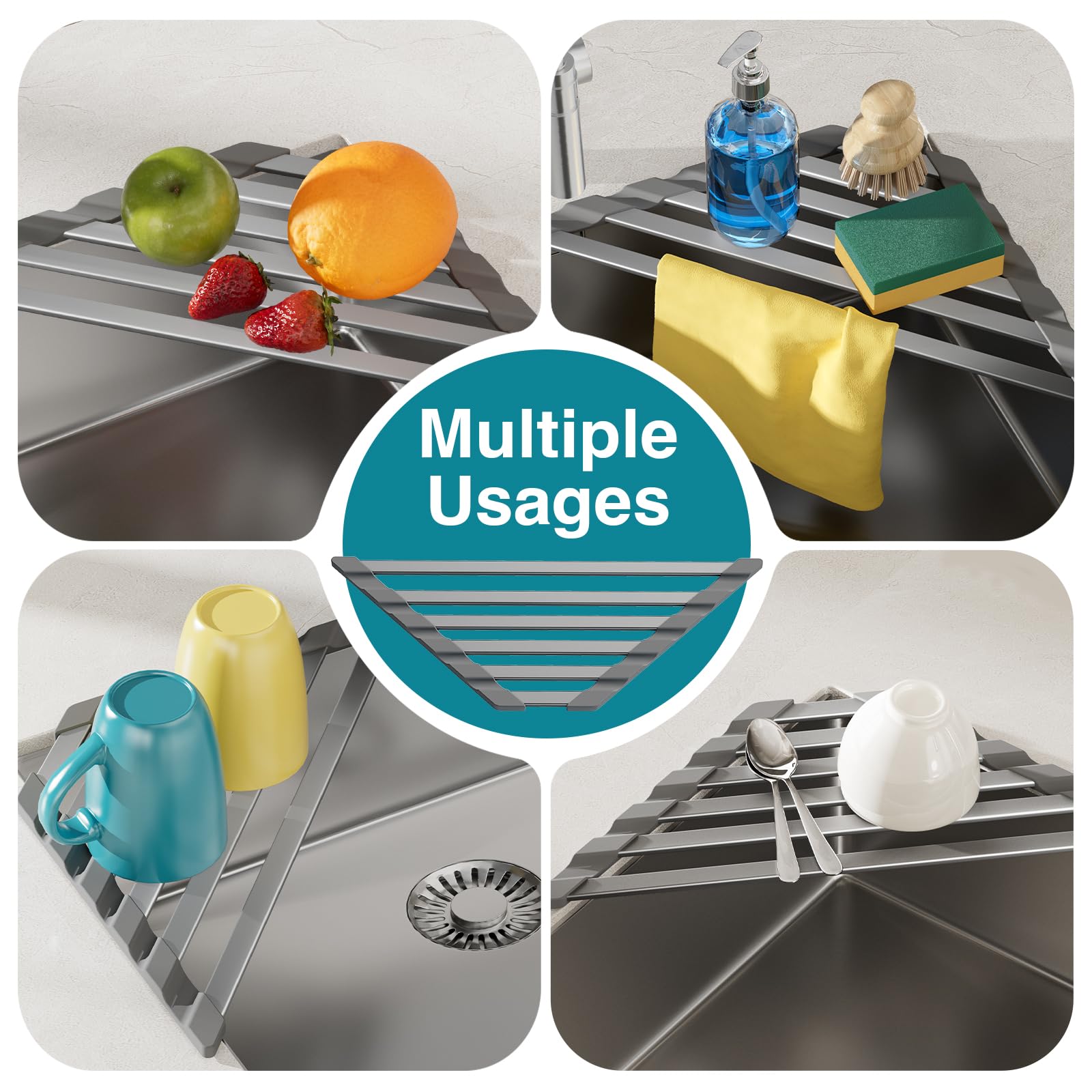 COOL-ANGLE Corner Sink Drying Rack, 16"x9.5" Rust-Proof Aluminum Triangular Dish Drainer, Heat Resistant Roll Up Mat for Kitchen Counter, Sponge Holder & Organizer with Non-Slip Silicone Base, Gray