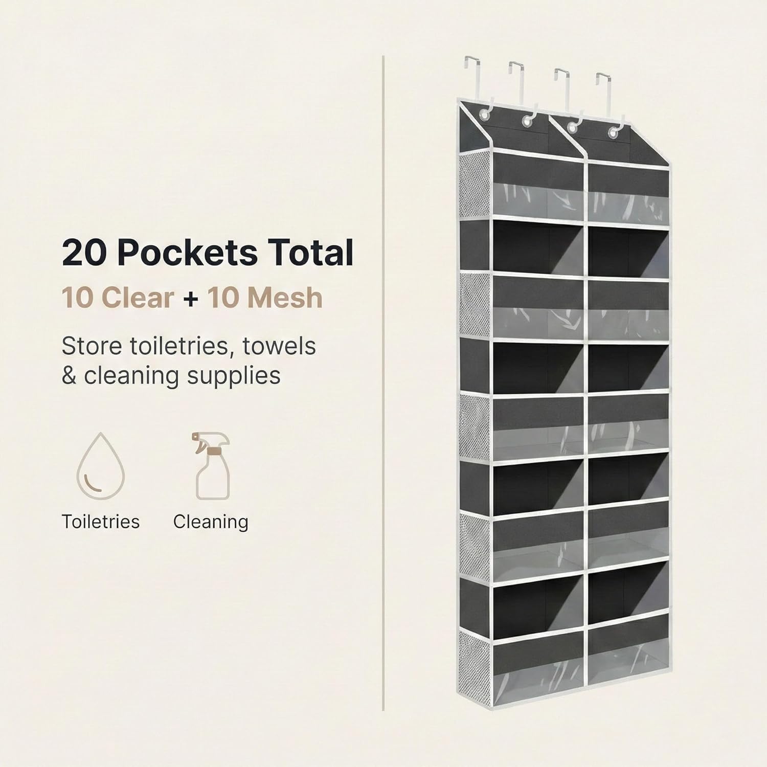 Skiennix 10-Pocket Over The Door Organizer - Heavy-Duty 600D Oxford Fabric, Upgraded Hooks for Dorm & Closet Storage