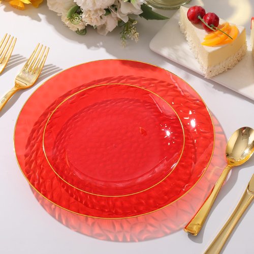BONSINY 150 Pcs Red Plastic Dinnerware Set for 25 Guests - Red Disposable Plates for Party Birthday Easter Party