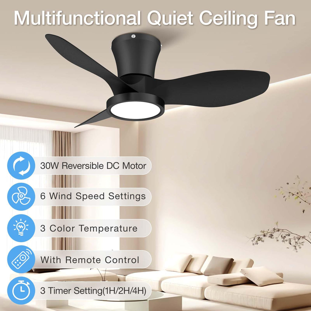 ocioc Quiet Ceiling Fan with LED Light DC Motor 32 inch Large Air Volume Remote Control Black
