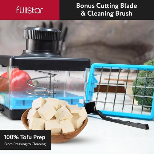 Fullstar Tofu Press & Cutter - 2-in-1 Dishwasher Safe, BPA-Free Design for Extra Firm & Silken Tofu (Blue)