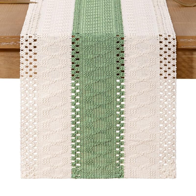 Ivory & Sage Boho Table Runner 12" x 90" | Cotton, Machine Washable