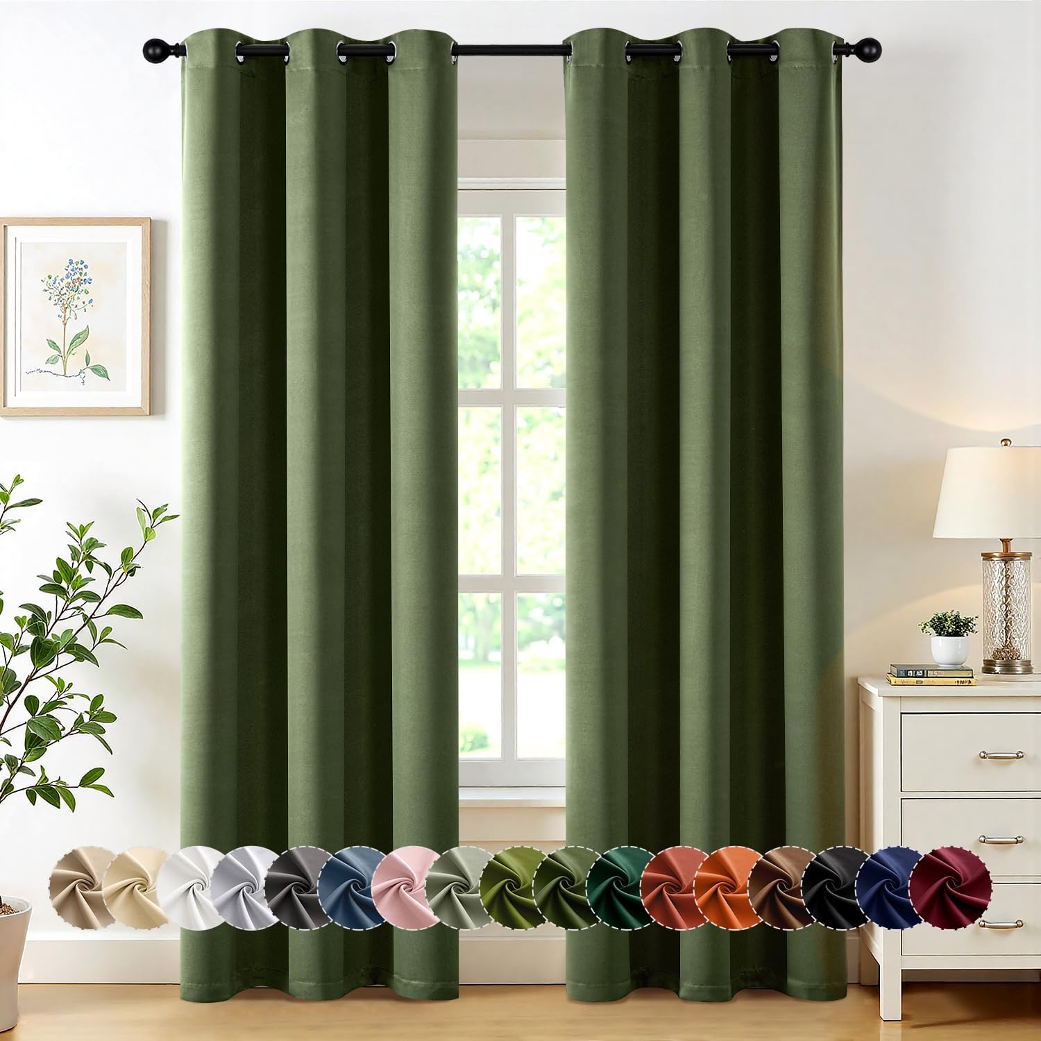 MIULEE Olive Green Blackout Curtains - Thermal Insulated Room Darkening Drapes, 72 Inches Long, 2 Panels