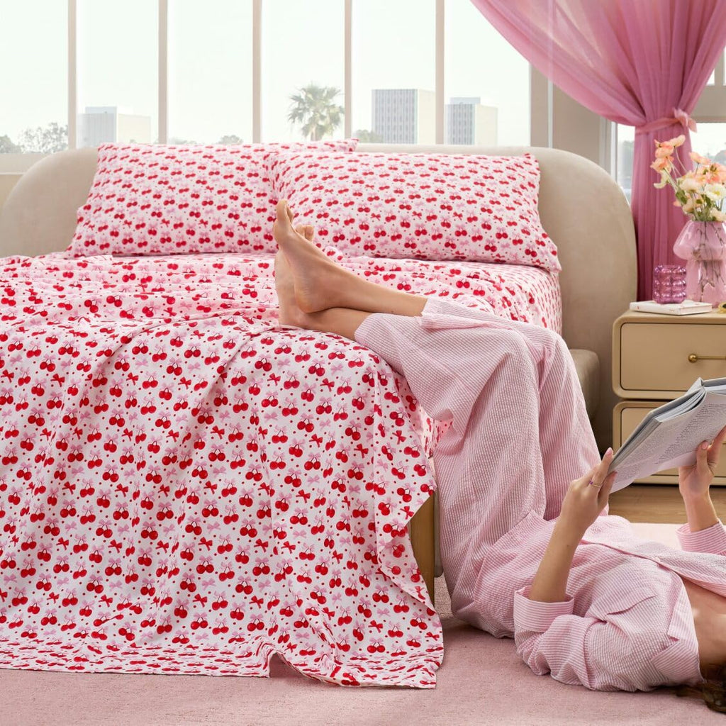 Paris Hilton Queen Size Sheets Set – 4 Piece Bed Sheets with Fitted Sheet, Flat Sheet, 2 Pillow Covers, Fits up to 15" Mattress Deep Pocket Queen Sheet Set for Women, Cherries, Red