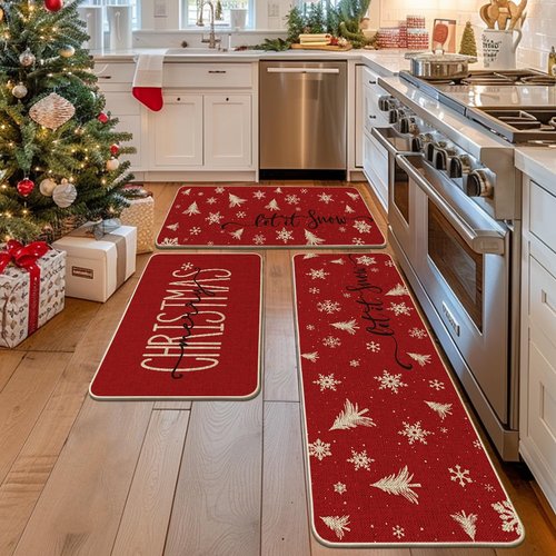 Artoid Mode Xmas Trees Snowflake Let It Snow Merry Christmas Kitchen Mats Set of 3, Winter Decor Low-Profile Kitchen Rugs - 24"x35"+24"x59"+24"x72"