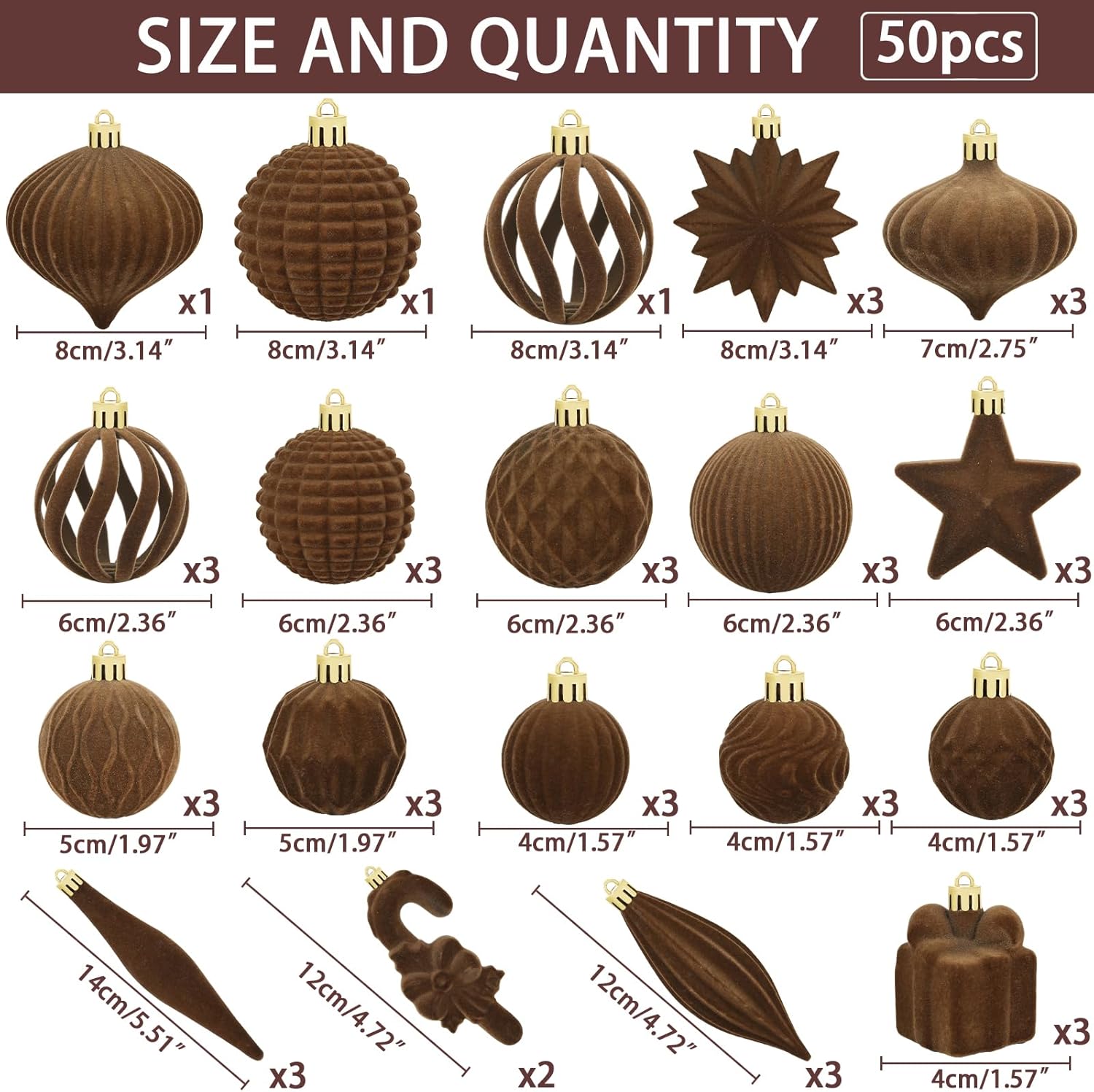 Regine Switzerland Brown Velvet Christmas Balls - 50 Pcs Flocked Ornaments for Tree & Holiday Decor