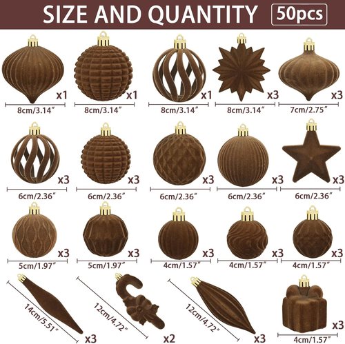 Brown Velvet Christmas Balls by [Brand Name] - 50 Pcs Flocked Ornaments for Tree & Holiday Decor