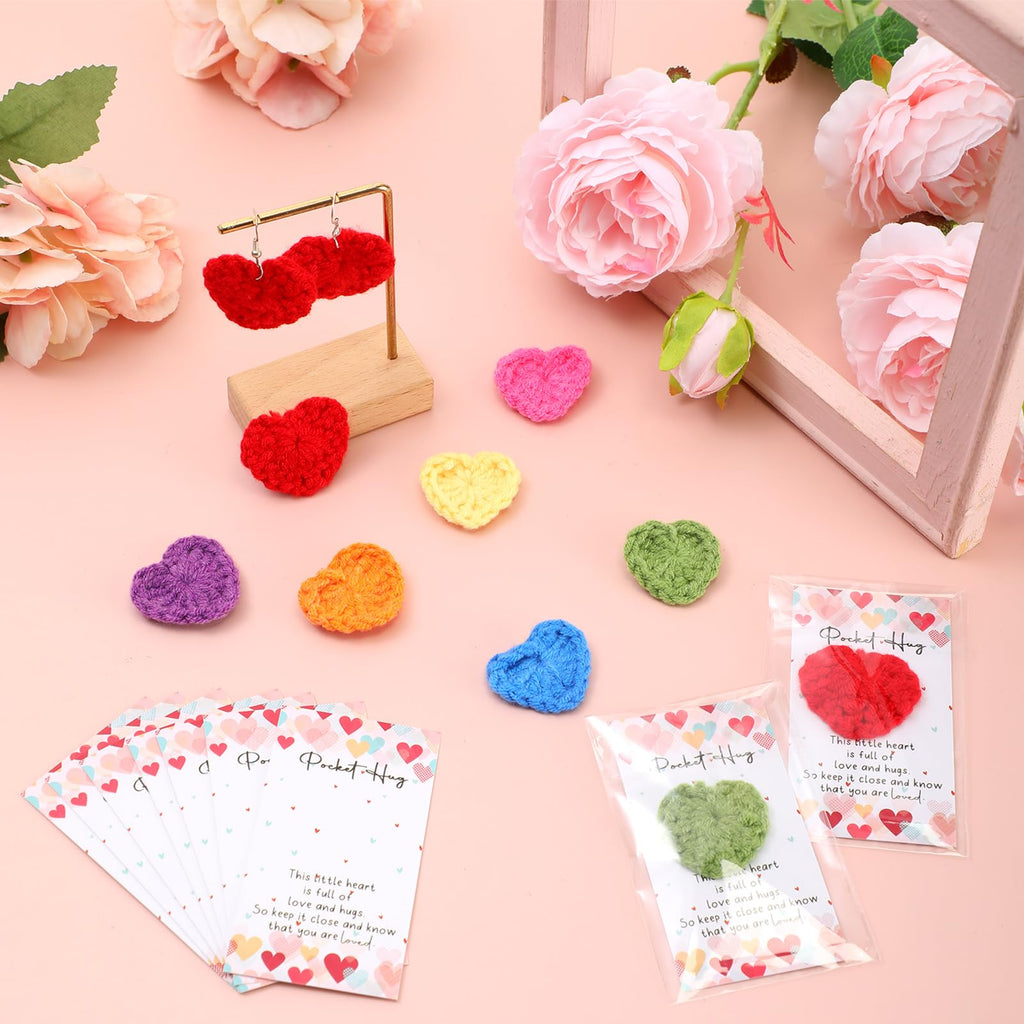 Mindsoft 35 Sets Emotional Cheer Support Gift Bulk Cute Hand Crocheted Pocket Hug Heart Inspirational Cards and Bags Party Favor for Preschool Toddler Boy Girls