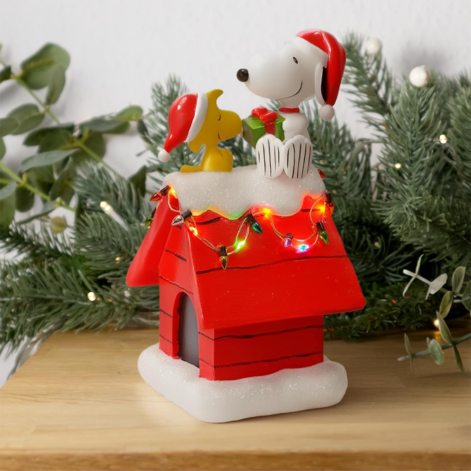 Mark Feldstein Peanuts Snoopy's Dog House Figurine - LED Christmas Lights | 7.5 Inch, Red