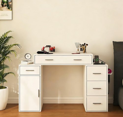 LED Storage Cabinet - 47.3'' Organizer Desk with Power Outlet, Drawers & Shelves for Bedroom