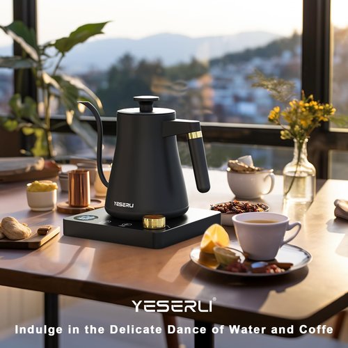 YESERLI 1200W Gooseneck Kettle with ±1℉ Temperature Control,Pour Over Electric Kettle for Coffee & Tea,Digital Display,4 Temp Preset,12H Keep Warm,100% Stainless Steel,Rapid Heating,1L,Matte Black