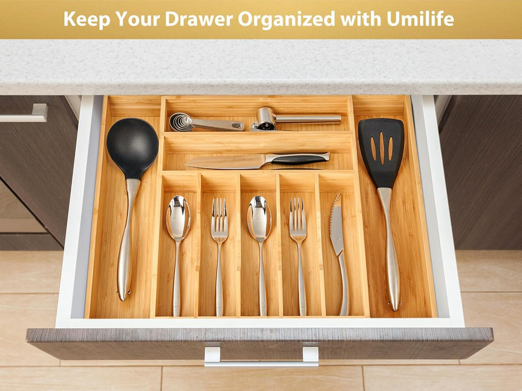 Umilife Kitchen Silverware Organizer - Large Expandable Bamboo Utensil Tray with Adjustable Divider