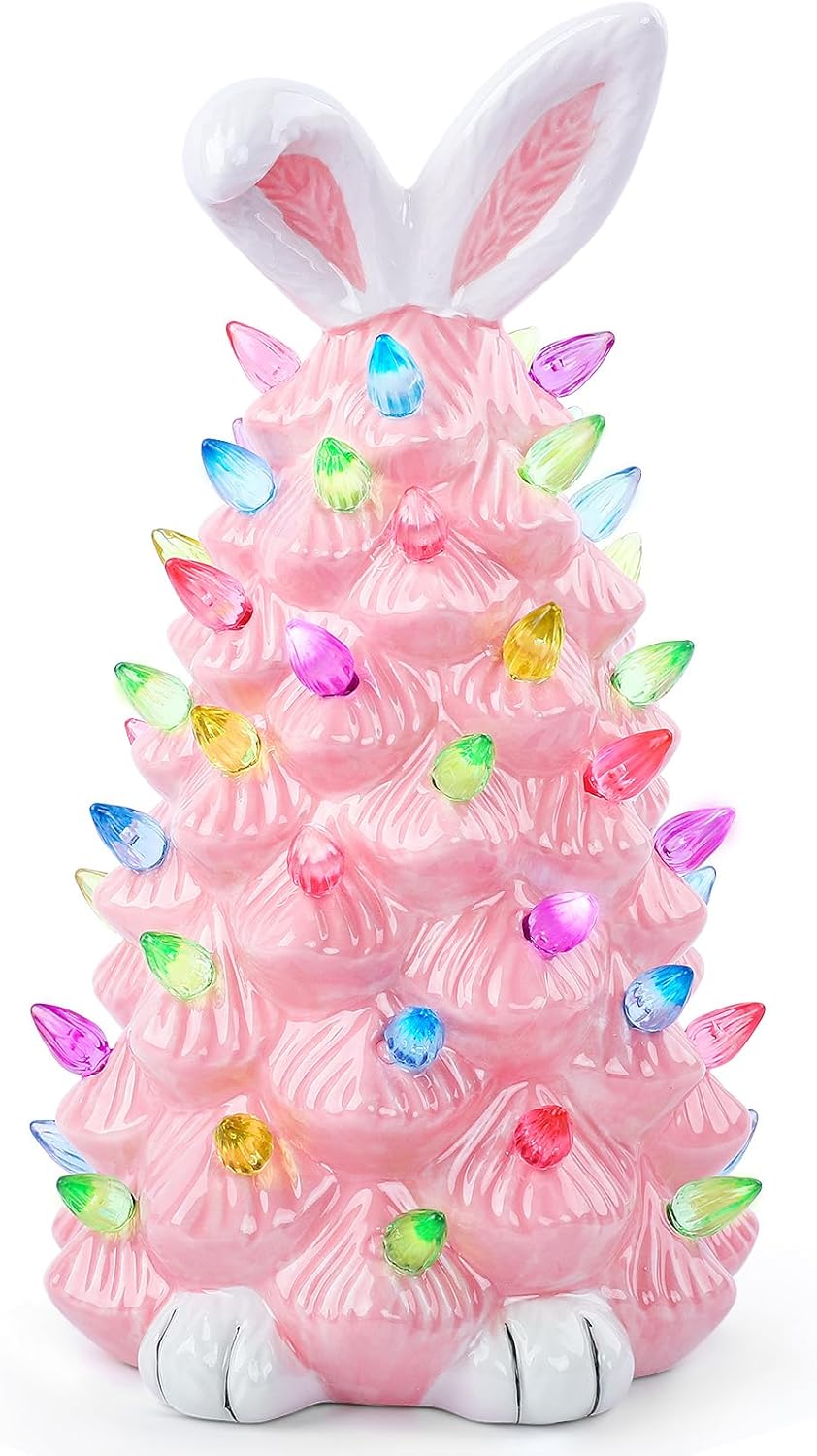 Skiennix Easter Bunny Decor - Glowing Ceramic Tree Night Light for Kids | Cute Indoor Tabletop Decoration (Pink)