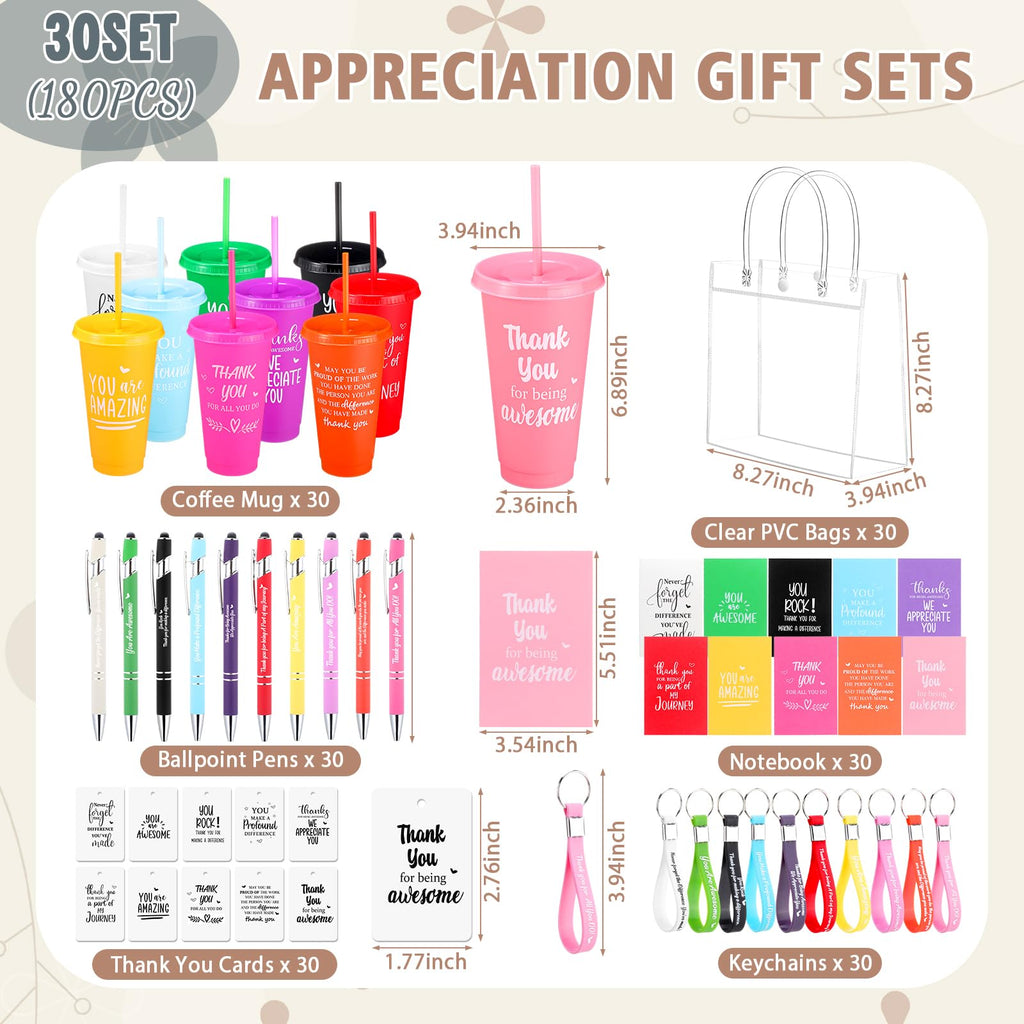 Widecook 181 Pcs Employee Appreciation Gifts 24 oz Inspirational Plastic Cups with Lid and Straw Notebooks Ballpoint Pens Keychains PVC Gift Bags Thank You Supplies for Teacher Coworker Staff(Classic)