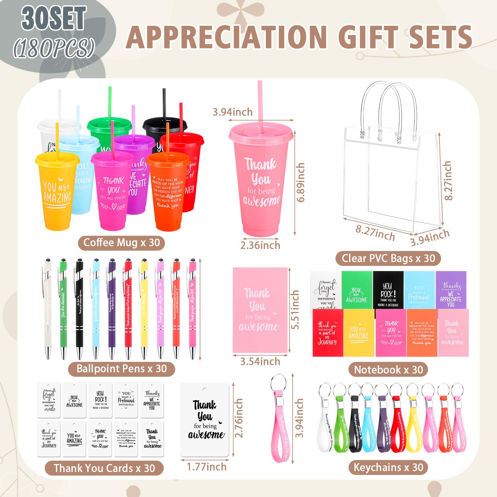 Widecook 181 Pcs Employee Appreciation Gifts 24 oz Inspirational Plastic Cups with Lid and Straw Notebooks Ballpoint Pens Keychains PVC Gift Bags Thank You Supplies for Teacher Coworker Staff(Classic)