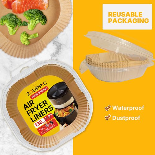 Air Fryer Liners Disposable 7.9 Inch - 135PCS, Unbleached Parchment Paper Liners for 5-8 QT Air Fryer, Non-Stick Oil-Proof Baking Paper for Oven, Microwave, Easy Cleanup, Square