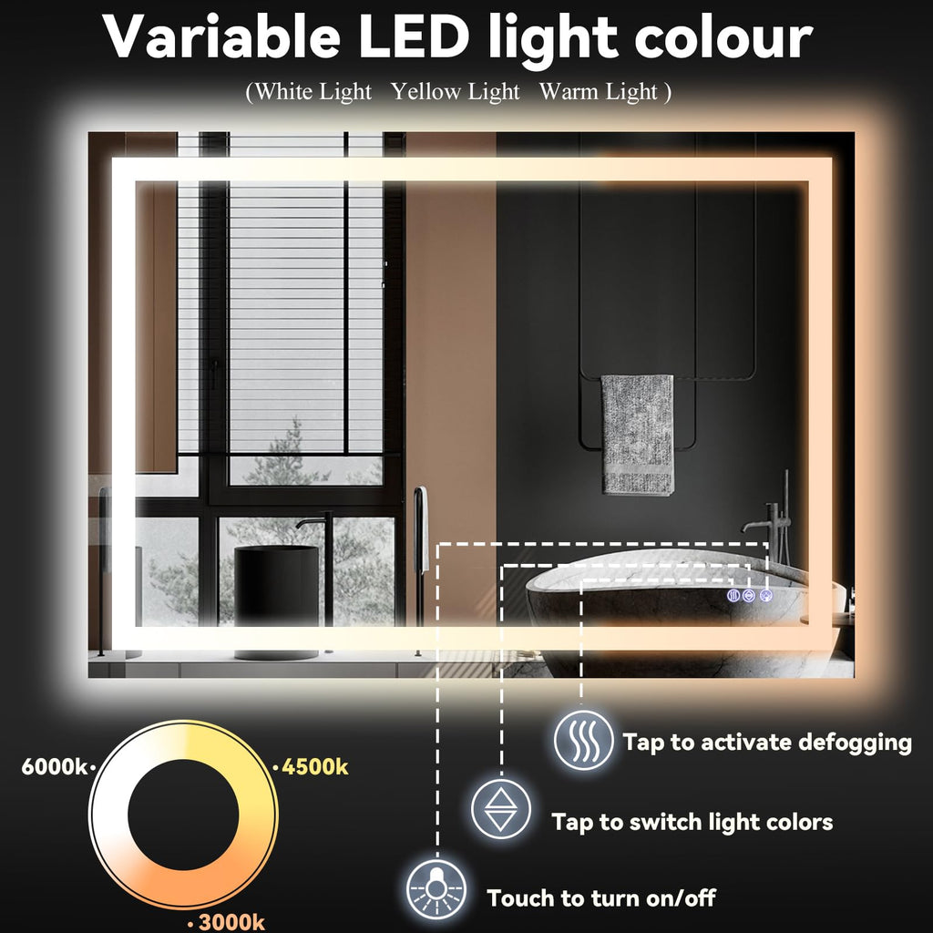 VooBang LED Bathroom Mirror 26 x 38 inches - 3 Adjustable Lighting Modes Lighted Smart Bathroom Vanity Mirror, Anti-Fog, Memory Function, Tempered Glass, Wall Mounted Horizontally Vertically