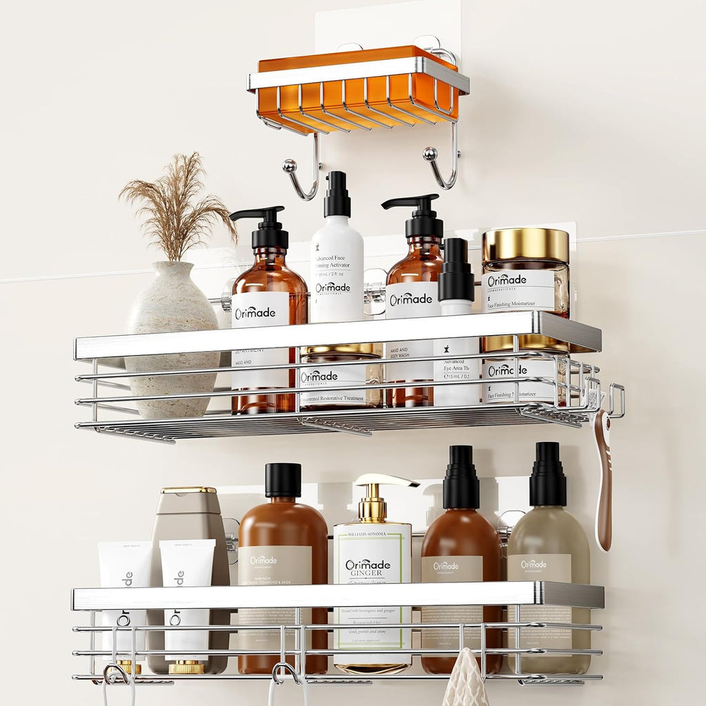 Orimade Shower Caddy - Wall-Mounted Soap Dish Holder with 5 Hooks | Stainless Steel, Silver - 3 Pack