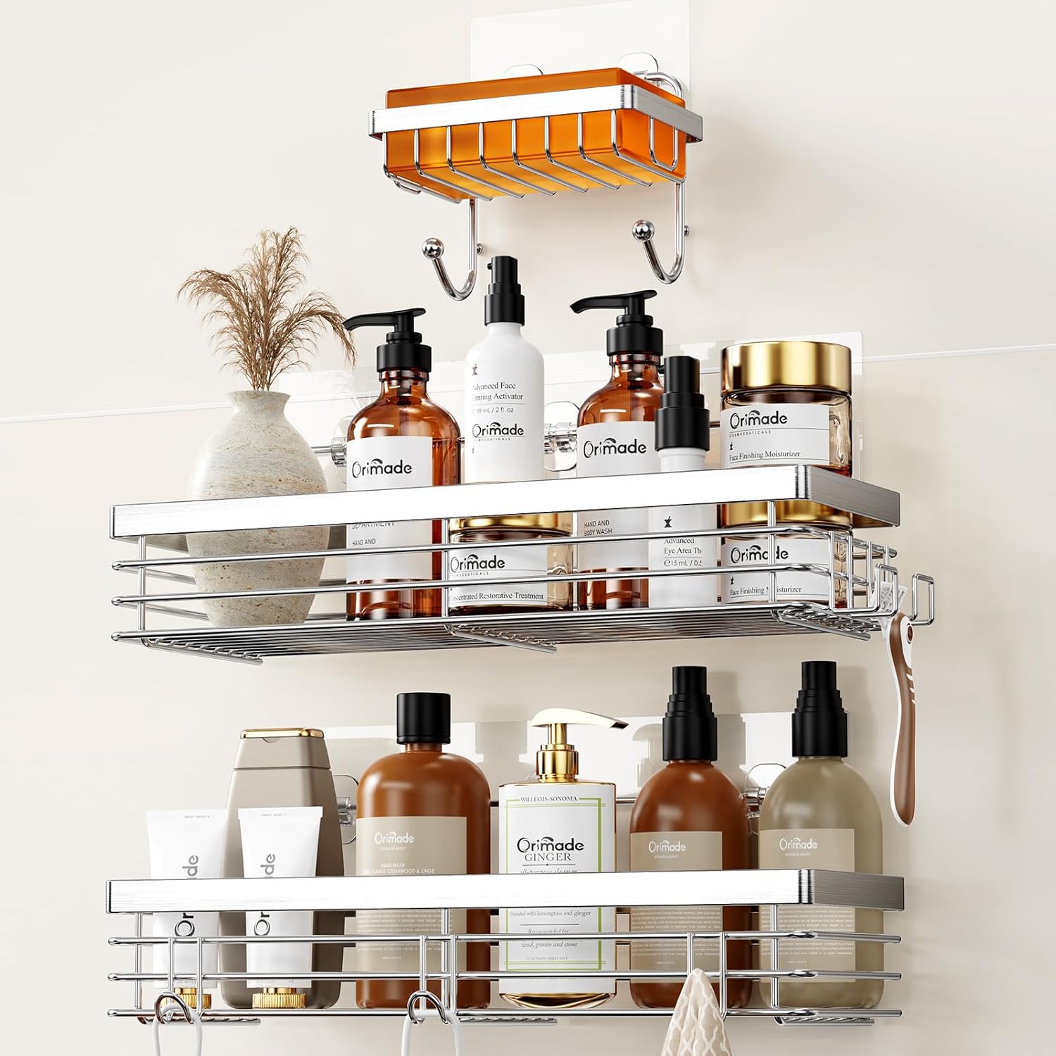Orimade Shower Caddy - Wall-Mounted Soap Dish Holder with 5 Hooks | Stainless Steel, Silver - 3 Pack