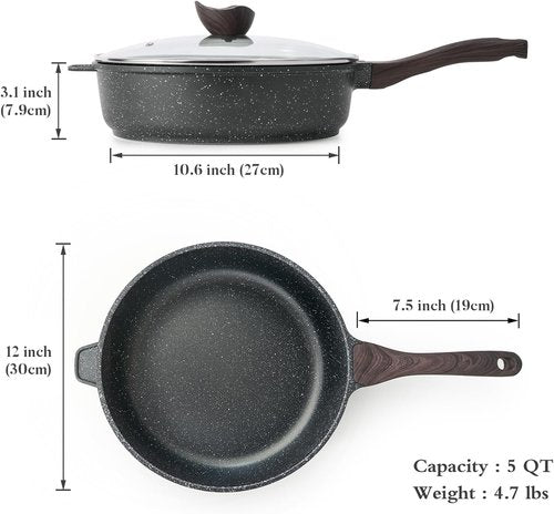 Kordisen Nonstick Deep Frying Pan - 12 Inch Large Skillet | 5 Qt Healthy Induction Cookware, PFOA Free