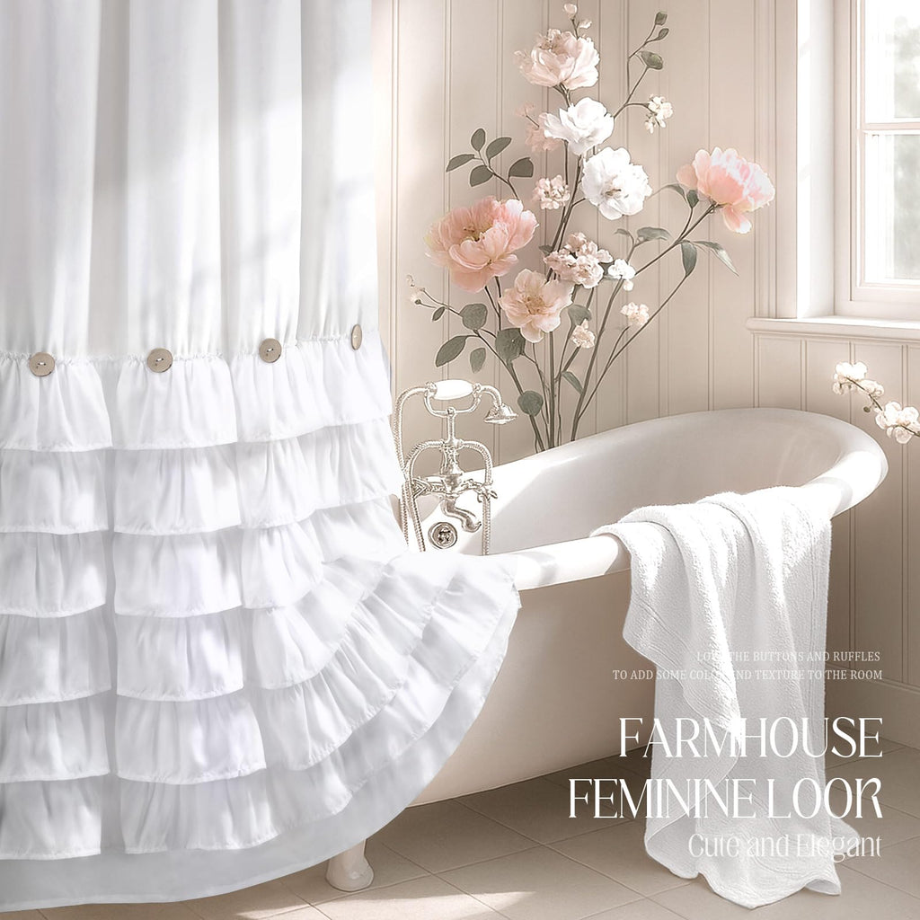 NDDYCU Ruffle Farmhouse Shower Curtain, White Vintage Shower Curtains for Bathroom Fabric Cute Rustic Cloth, 72" W X 72" L Inch