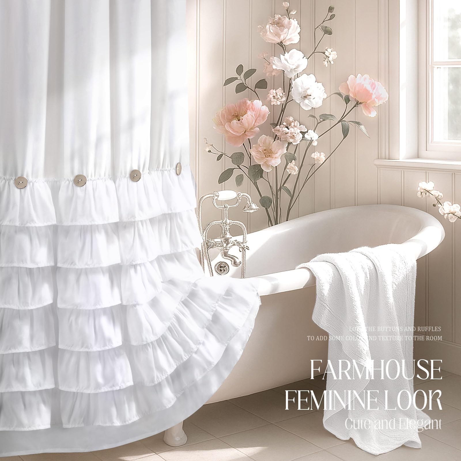 NDDYCU Ruffle Farmhouse Shower Curtain, White Vintage Shower Curtains for Bathroom Fabric Cute Rustic Cloth, 72" W X 72" L Inch