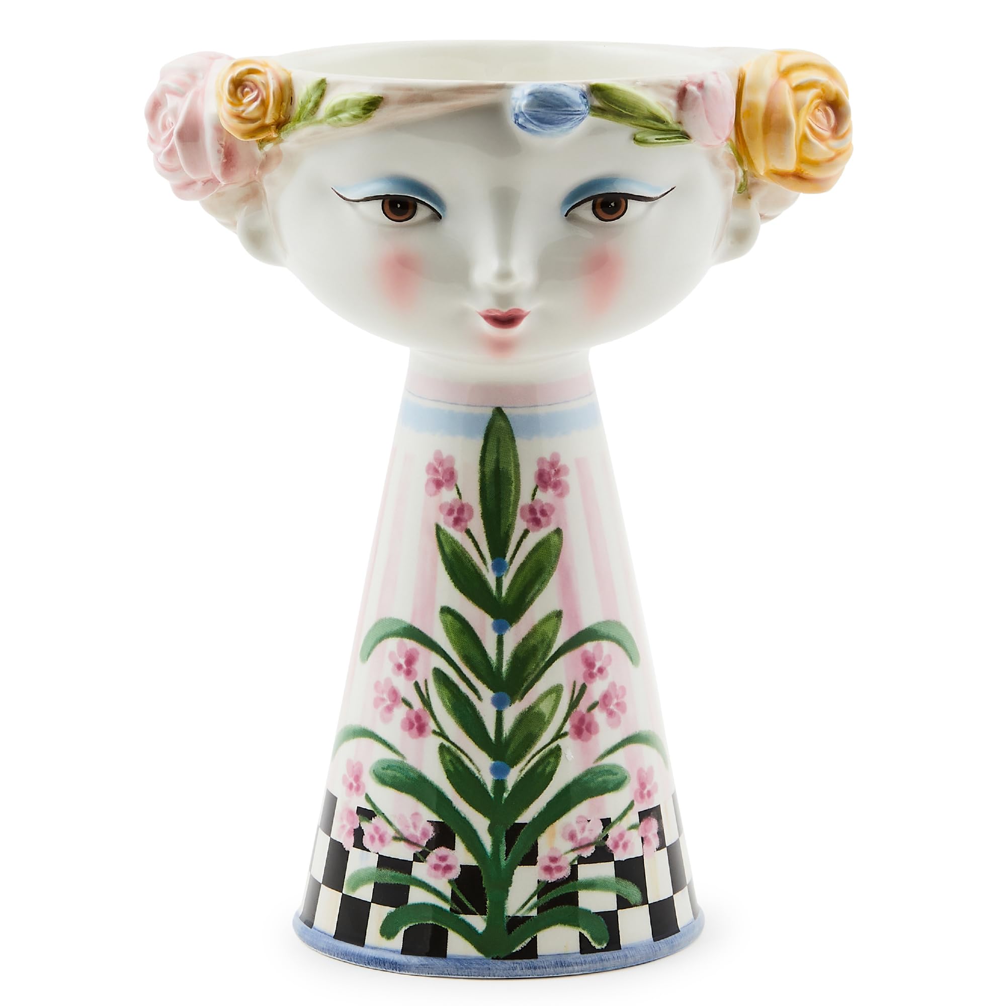MACKENZIE-CHILDS Ceramic Vase, Unique Decorative Vase, Short, Rosy Meadow Lady