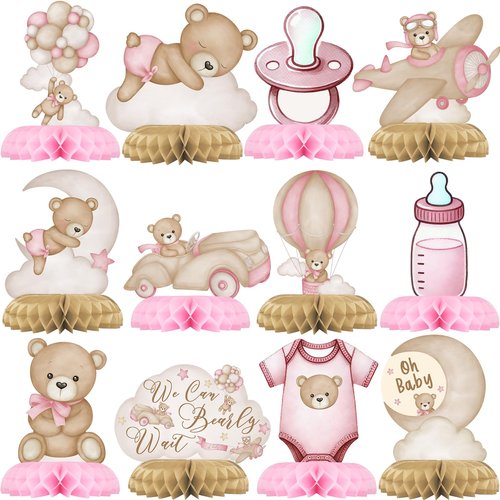 Pink Bear Party Centerpiece Set - Girl Teddy Bear Honeycomb Birthday Decorations and Bear Table Toppers for Kids' Bear-Themed Birthday and Baby Shower Table Decor