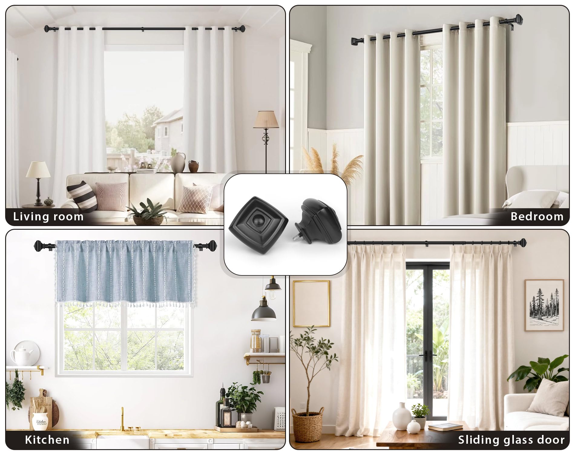 Adjustable Curtains Rods for Windows 48 to 84 Inch, USFOOK 7/8 Inch Splicing Single Curtain Pole Set, Decorative Drapery Rods 32 to 86 Inch for Home, Black Square Finials