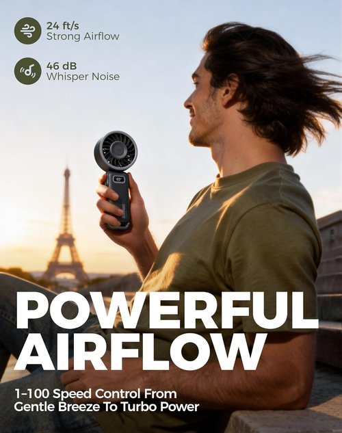 Diveblues Portable Turbo Fan - 100 Speed Handheld Fan with Strong Airflow | Foldable 4-in-1 Design for Neck, Desk & Travel, USB-C Rechargeable, Lightweight for Summer & Outdoor Use