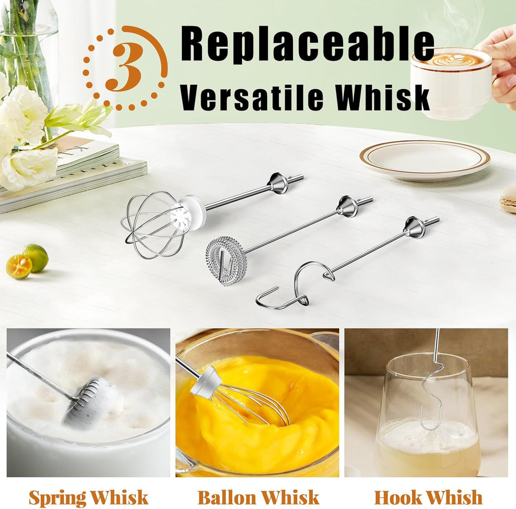 Nahida Black Milk Frother Wand - Handheld Electric Whisk Mixer with 3 Heads & 3 Speeds for Latte, Cappuccino, Hot Chocolate