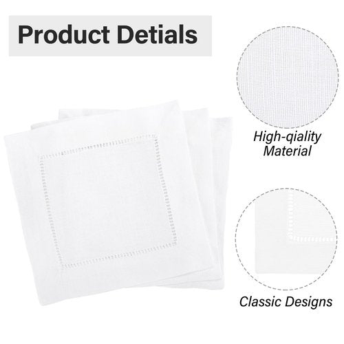 80 Pcs Linen Cocktail Napkins Bulk 6 x 6 Inch Cloth Hemstitch Fabric Napkins for Party Wedding Bar Beverage Coffee Dessert (White)